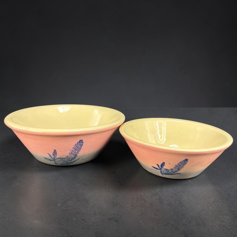 1950s Pink Grey Stoneware Mixing Bowls Blue Floral Lupine Set of 2 Farmhouse